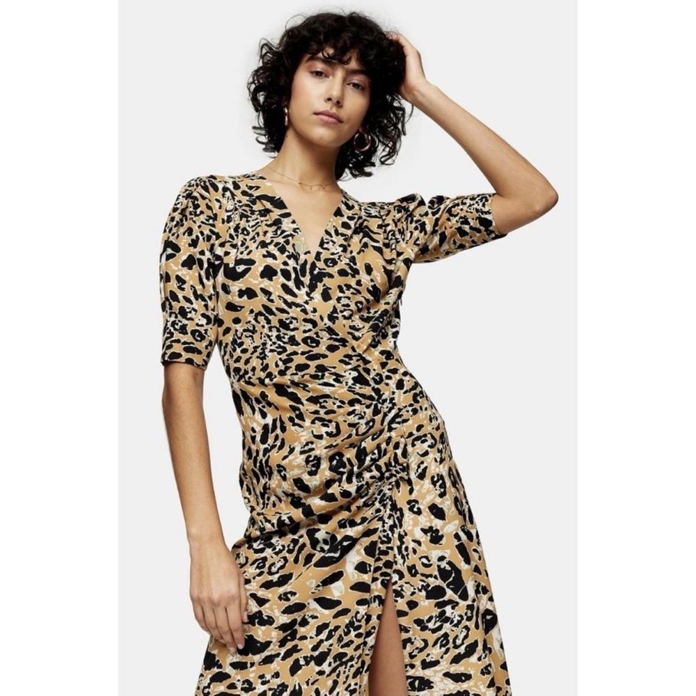 Topshop‎ Leopard Print Midi Dress V-Neck 8 Dark Fairy Whimsigoth Slit Fit Flare